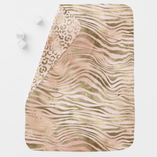 Pink Rose Blush Gold Zebra Leopard Animal Print    Baby Blanket (In Situ)