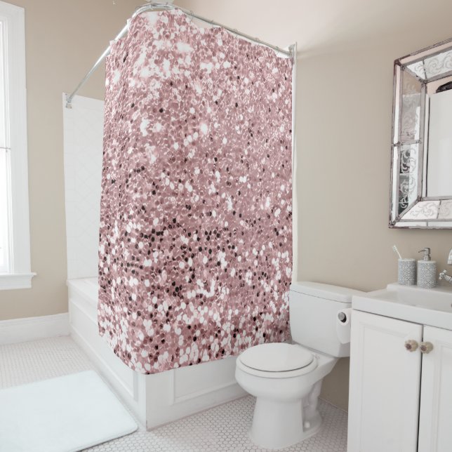 Pink Rose Blush Powder Faux Glitter Sequin Glam Shower Curtain (In Situ)