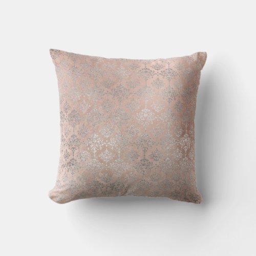 Pink Rose Blush Powder Grungy Silver Gray Damask Throw Pillow