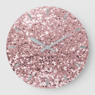 Pink Rose Blush Sparkly Faux Glitter Gray Large Clock
