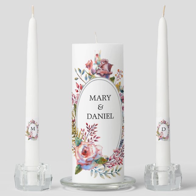 Pink Rose Blush Wedding Monogram Unity Candle Set (Front)