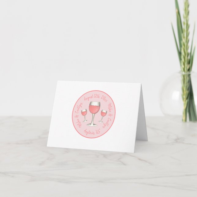 Pink Rosé Blush Wine Glass Wedding Bridal Shower Thank You Card (Front)