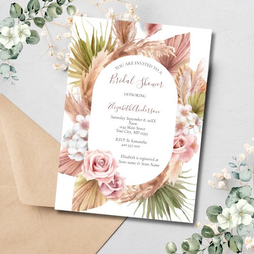 Pink Rose Boho Pampas Grass Bridal Shower Invitation