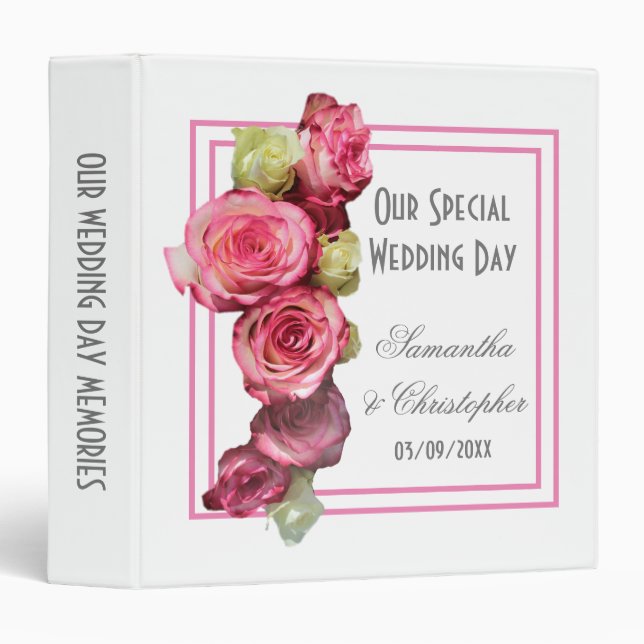 Pink rose border bouquet wedding 3 ring binder (Front/Spine)