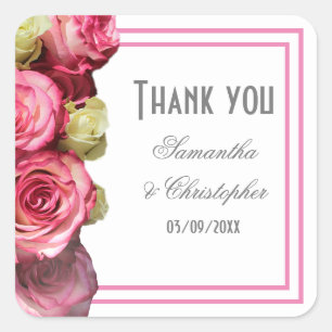 Pink rose border bridal wedding thank you square sticker