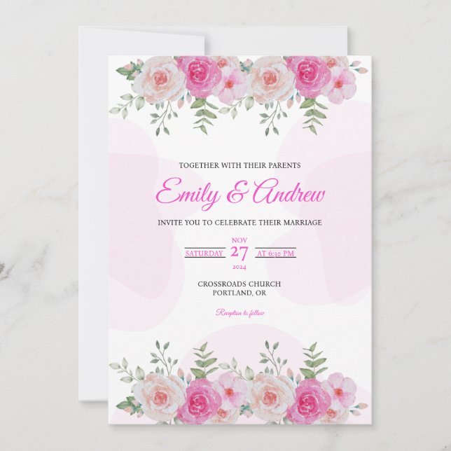 Pink Rose Border Elegant Floral Watercolor Wedding Invitation (Front)