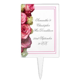 Pink Rose Border Floral Bouquet Wedding Cake Topper by personalized_wedding at Zazzle
