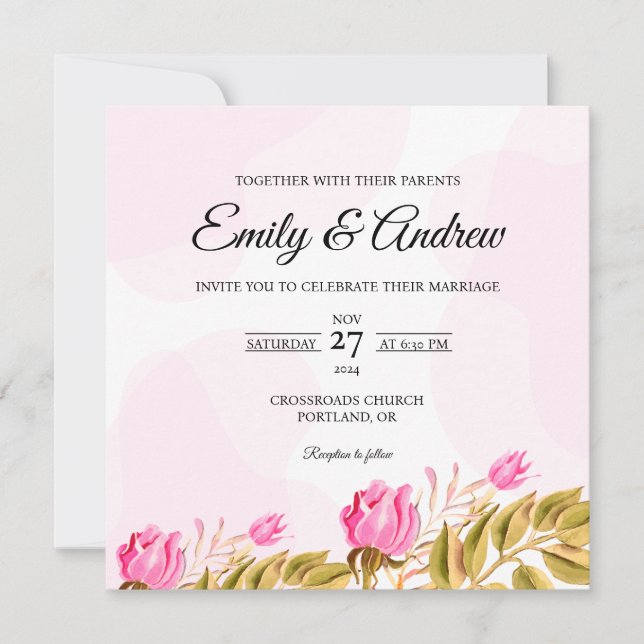 Pink Rose Border Floral Watercolor Square Wedding Invitation (Front)