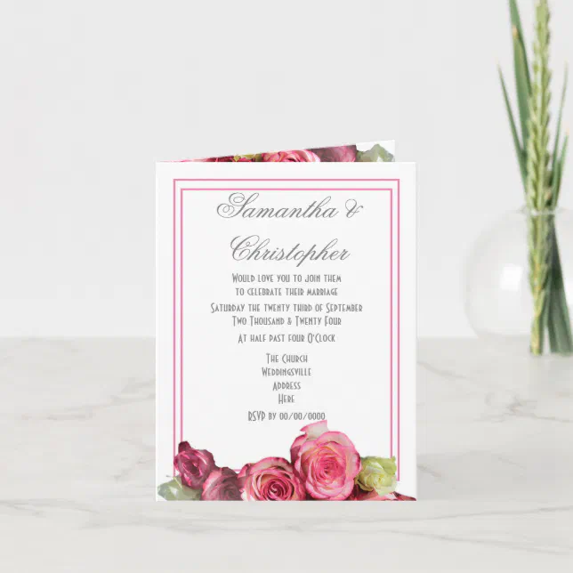 Pink rose border floral wedding invitation | Zazzle