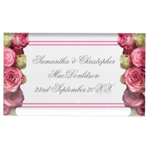 Pink rose border floral wedding place card holder