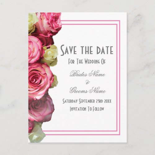 Pink rose border wedding save the date announcement postcard