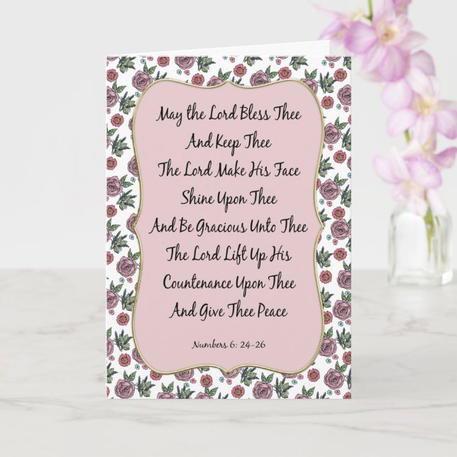 Pink Rose Bordered Aaronic Blessing Card (Orchid)