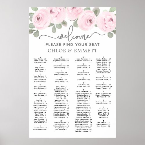 Pink Rose Botanical Alphabetical Seating Chart