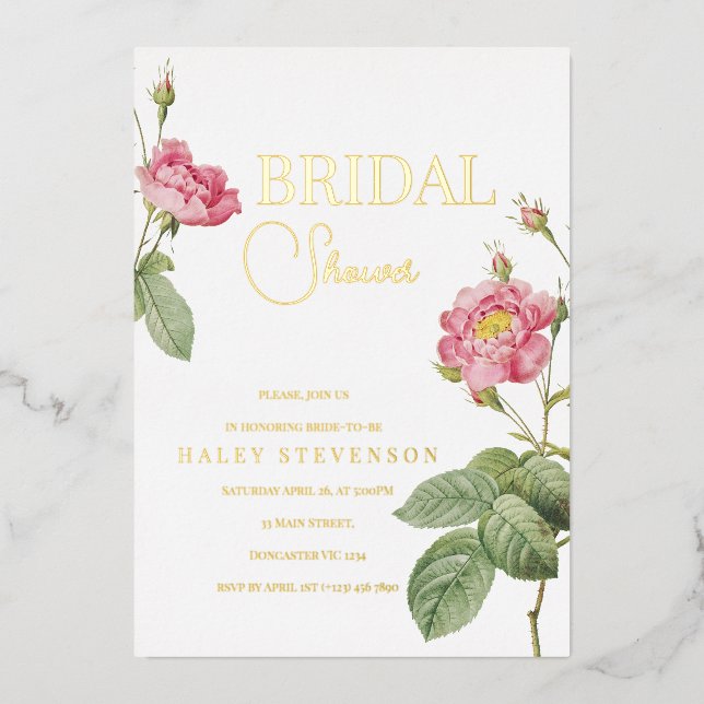 Pink Rose Botanical Floral Chic Bridal Shower Foil Invitation (Front)