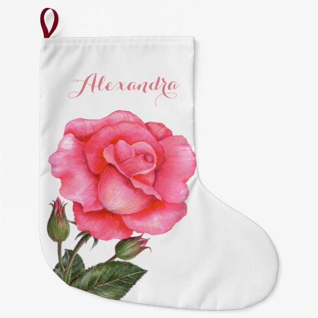 Pink Rose Botanical Illustration Large Christmas Stocking (Front)
