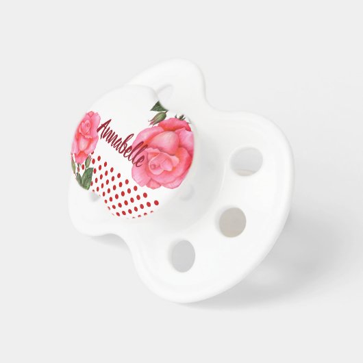 Pink Rose Botanical Illustration Polka Dot Pacifier (Front Right)