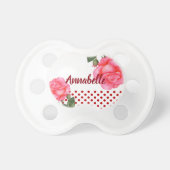 Pink Rose Botanical Illustration Polka Dot Pacifier (Front)