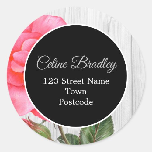 Pink Rose Botanical Illustration Rustic Address Classic Round Sticker