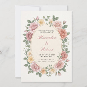 Pink Rose Botanical Oval Wedding Invitation