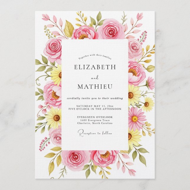 Pink Rose Botanical Romance Wedding Invitation (Front)
