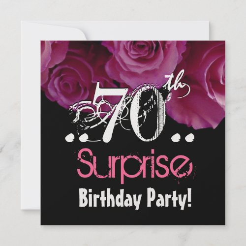 Pink Rose Bouquet 70th Surprise Birthday Metallic Invitation