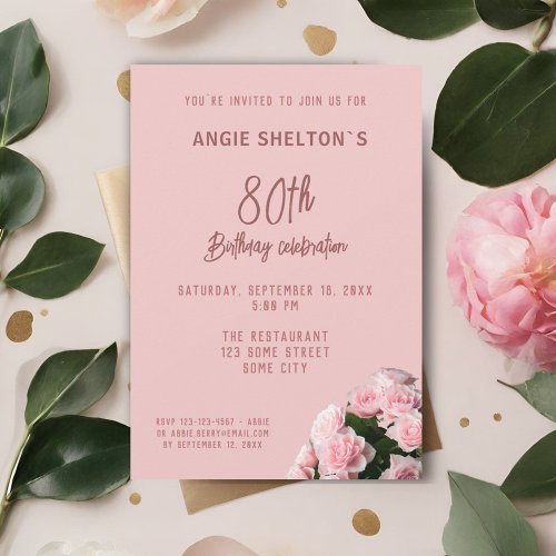 Pink Rose Bouquet 80th Birthday Floral Party  Invitation