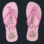 Pink Rose Bouquet Bridesmaid Wedding Flip Flops<br><div class="desc">Flip flops feature an original marker illustration of a pretty pink floral ball wedding bouquet, with BRIDESMAID in a fun font. Perfect for the bridal party! Designer is available to create and upload custom designs to match the colors and themes of your wedding--click "Ask this Designer" to begin the design...</div>