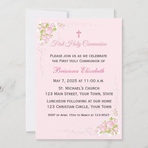 Pink Rose Bouquet First Communion Announcements