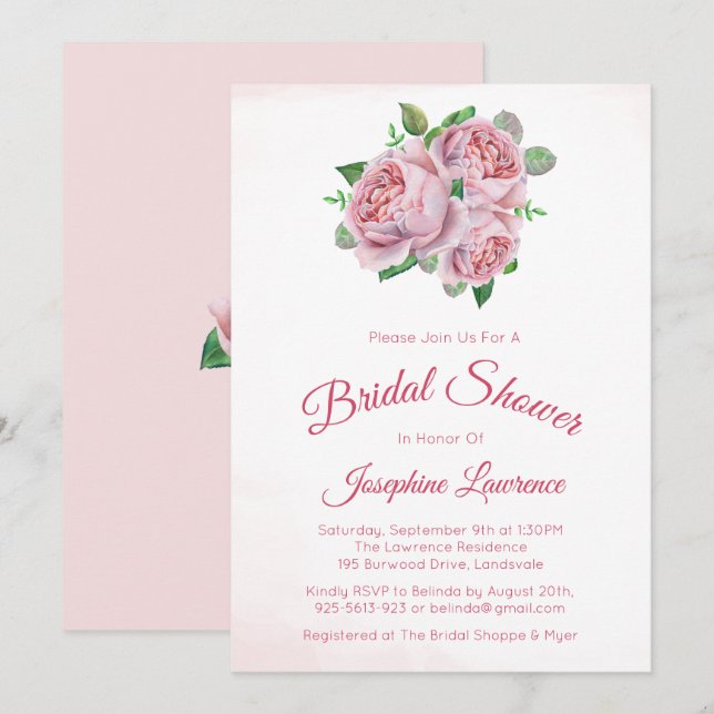 Pink Rose Bouquet Floral Bridal Shower Invitations (Front/Back)