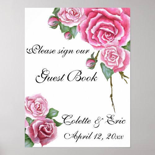 Pink Rose Bouquet Floral Guest Book Wedding Sign