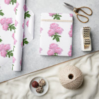 Pink Rose Bouquet Floral Pattern on White Wrapping Paper