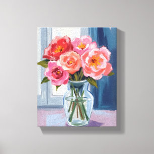 Pink Rose Bouquet Glass Vase Romantic Floral Canvas Print
