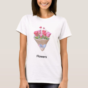Pink Rose Bouquet Graphic T-Shirt Cute Floral Wo