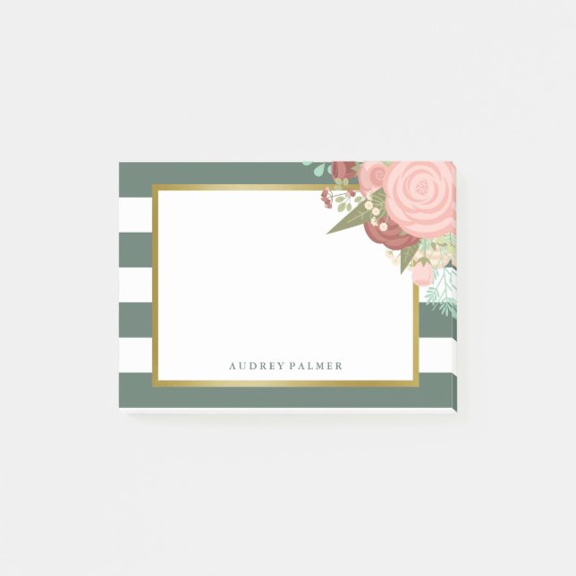 Pink Rose Bouquet & Green Stripes Custom Name Post-it Notes (Front)