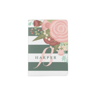 Pink Rose Bouquet & Green Stripes Monogram Passport Holder