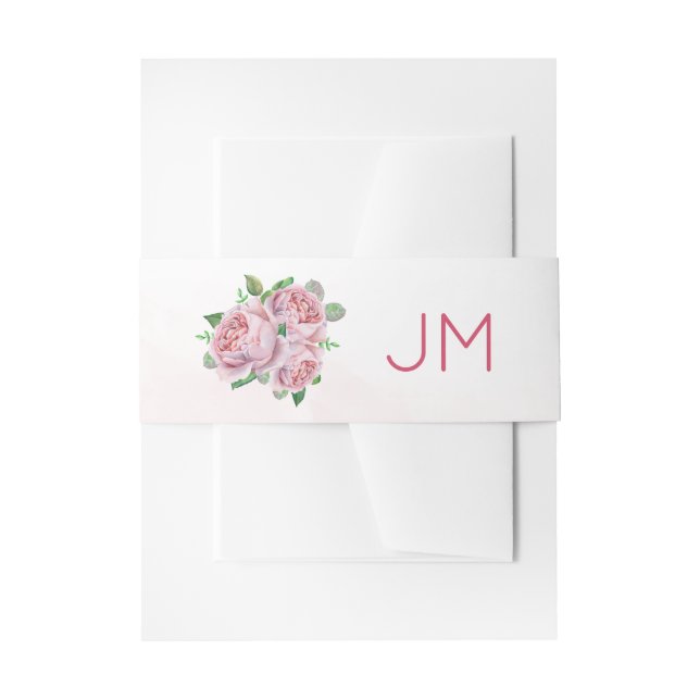 Pink Rose Bouquet Monogram Wedding Invitation Belly Band (Front Example)