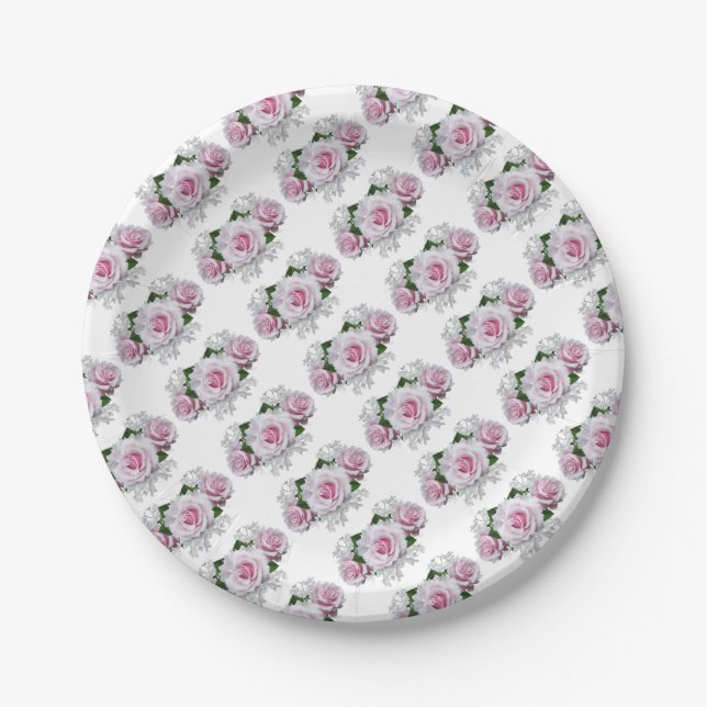 Pink Rose Bouquet Paper Plates (Front)