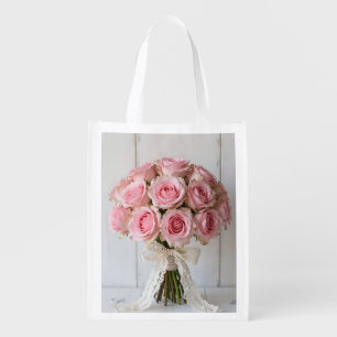 Pink Rose Bouquet Pearl Lace Romantic Grocery Bag