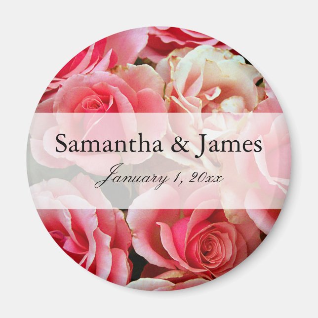 Pink Rose Bouquet Personalized Wedding Magnet (Front)