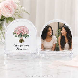 Pink Rose Bouquet Photo Bridesmaid Proposal Snow Globe