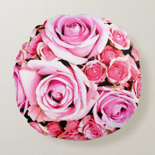 Pink rose bouquet round pillow