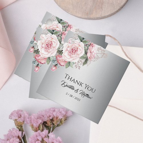 Pink Rose Bouquet Silver Wedding Tags