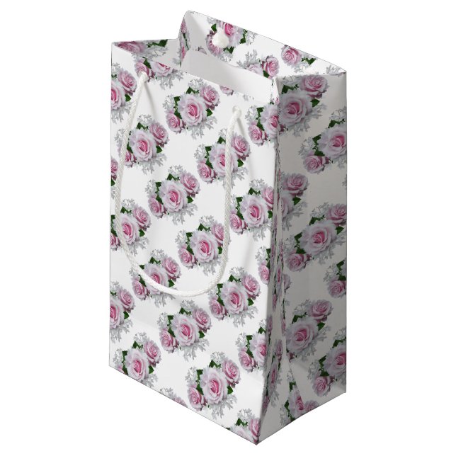 Pink Rose Bouquet Small Gift Bag (Front Angled)