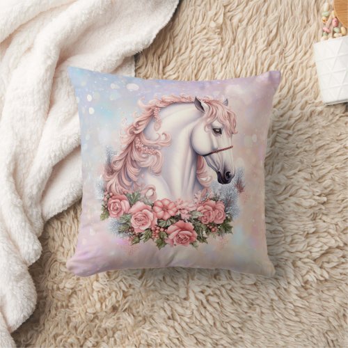 Pink Rose Bouquet White Horse Fantasy Kids Throw Pillow