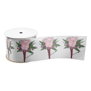 Pink Rose Boutonniere Groom Wedding Flower Prom Satin Ribbon