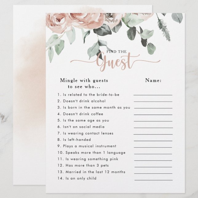 Pink Rose Bridal Shower Find the Guest Game (Front/Back)