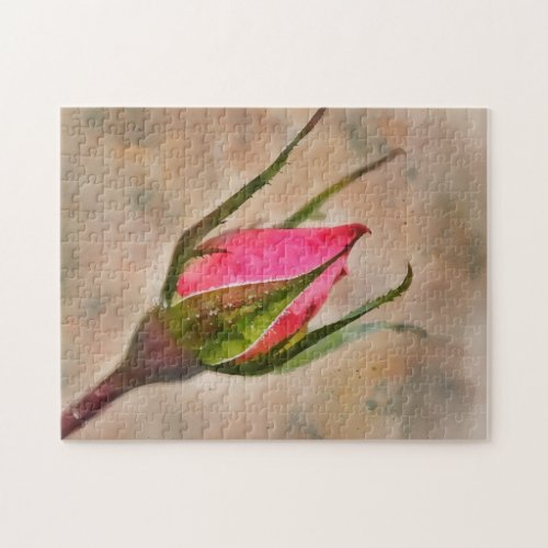 Pink Rose Bud Garden Watercolor Style Art Jigsaw Puzzle