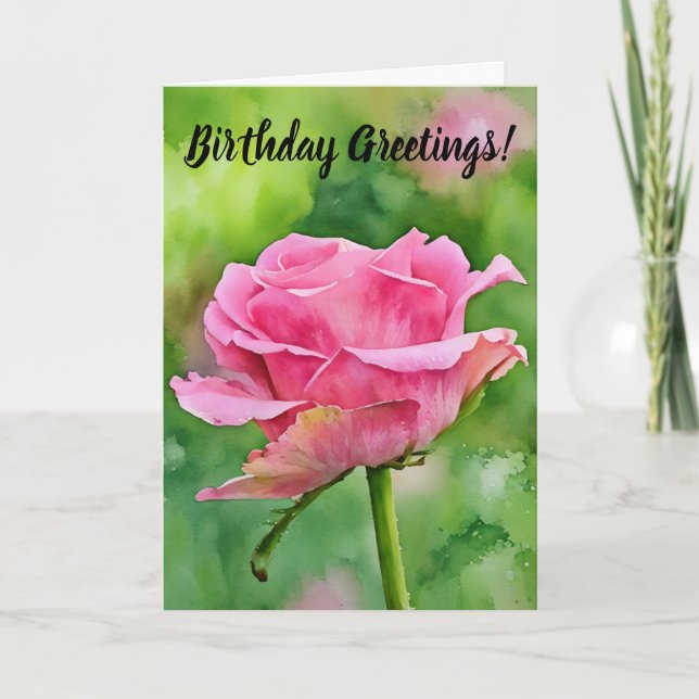 Pink Rose Bud Opening Up Art Birthday Card (Front)