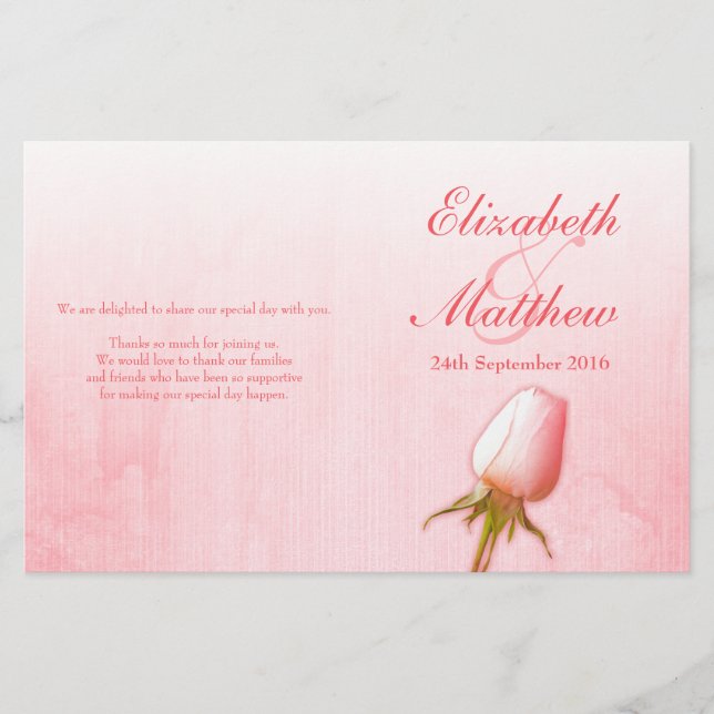 Pink rose bud wedding programme (Front)