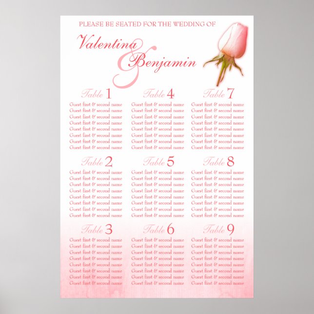 Pink Rose Bud Wedding Seating Table Planner 1-9 Poster (Front)